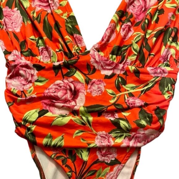 Zara NWT Orange Floral Stretch Deep V Neck Sleeveless Draped Bodysuit Medium - Picture 7 of 16